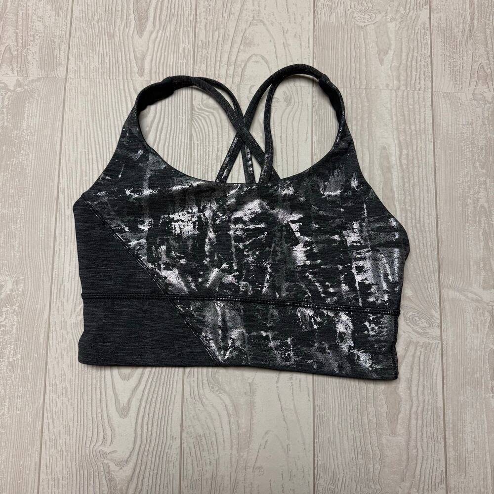 Lululemon Sports Bra Womens Black Silver Metallic Foil Strappy Longline Yoga